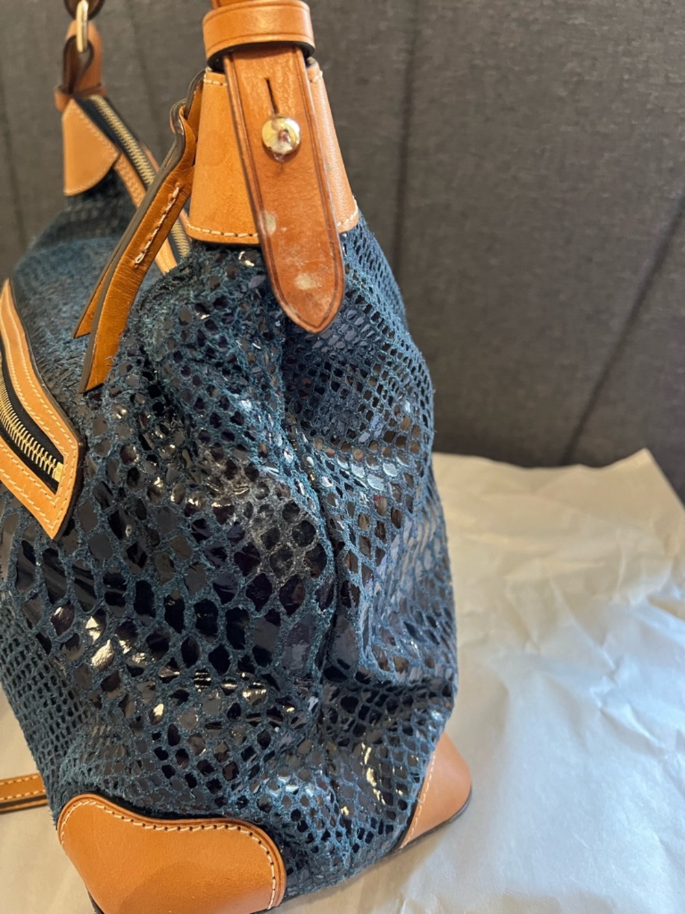 Dooney & Bourke Navy Snake-Embossed Leather Shoulder Bag with Tan Trim - Picture 5 of 9